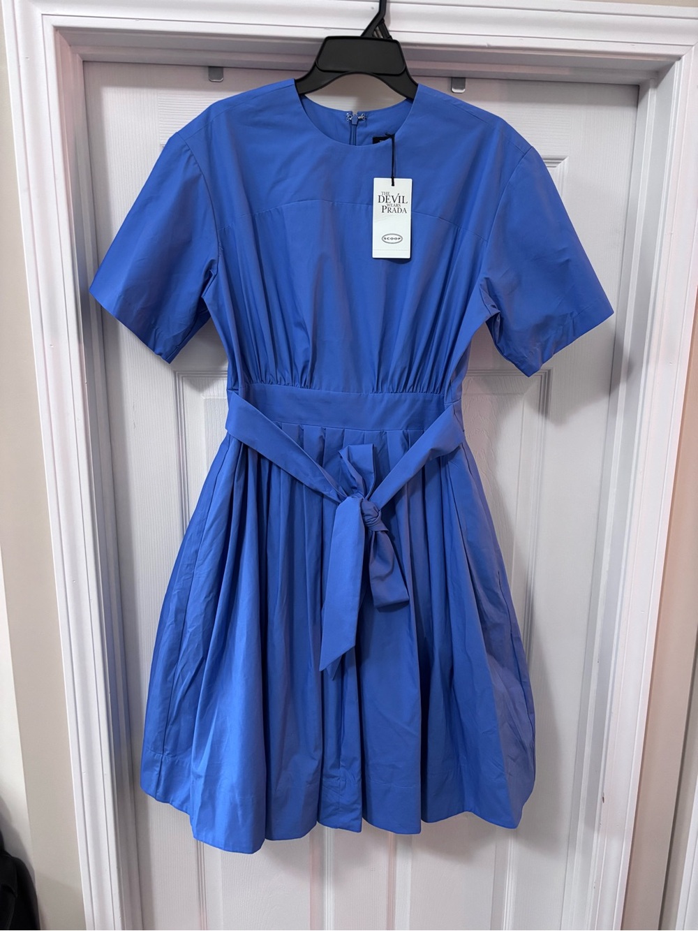Prada Royal Blue Short-Sleeve Pleated Waist-Tie Dress